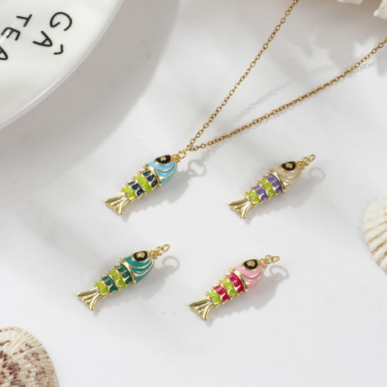 1 Piece Eco-friendly Brass Ocean Jewelry Pendants 18K Real Gold Plated Multicolor Enamel Fish Animal 3D 3.3cm x 1cm の画像