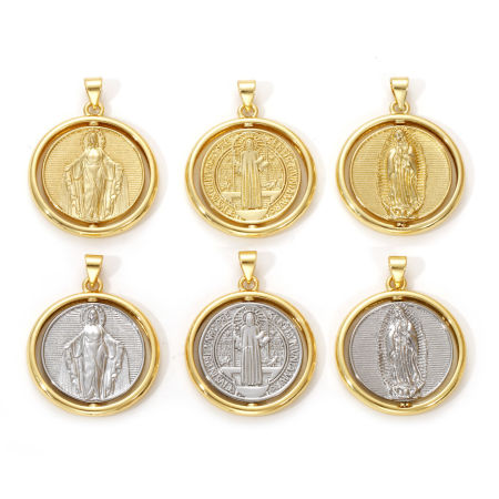 Picture of Eco-friendly Brass Religious Pendants Real Gold Plated Round St. Benedict Medal Rotatable 3.2cm x 2.5cm