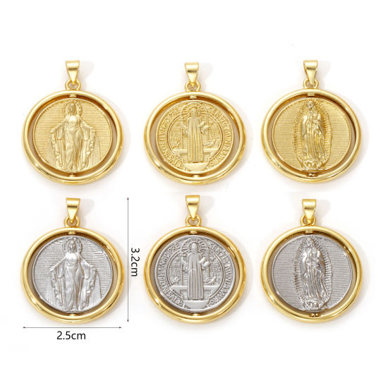 Immagine di 1 Piece Eco-friendly Brass Religious Pendants Real Gold Plated Round St. Benedict Medal Rotatable 3.2cm x 2.5cm