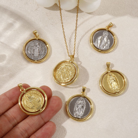 Immagine di 1 Piece Eco-friendly Brass Religious Pendants Real Gold Plated Round St. Benedict Medal Rotatable 3.2cm x 2.5cm
