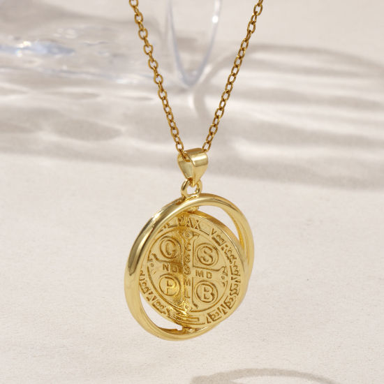 Immagine di 1 Piece Eco-friendly Brass Religious Pendants Real Gold Plated Round St. Benedict Medal Rotatable 3.2cm x 2.5cm