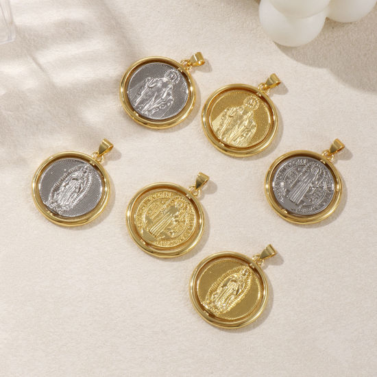 Immagine di 1 Piece Eco-friendly Brass Religious Pendants Real Gold Plated Round St. Benedict Medal Rotatable 3.2cm x 2.5cm