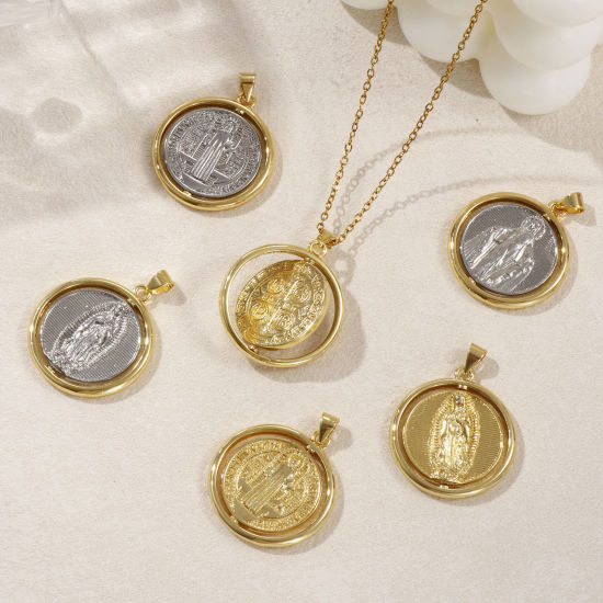 Immagine di 1 Piece Eco-friendly Brass Religious Pendants Real Gold Plated Round St. Benedict Medal Rotatable 3.2cm x 2.5cm