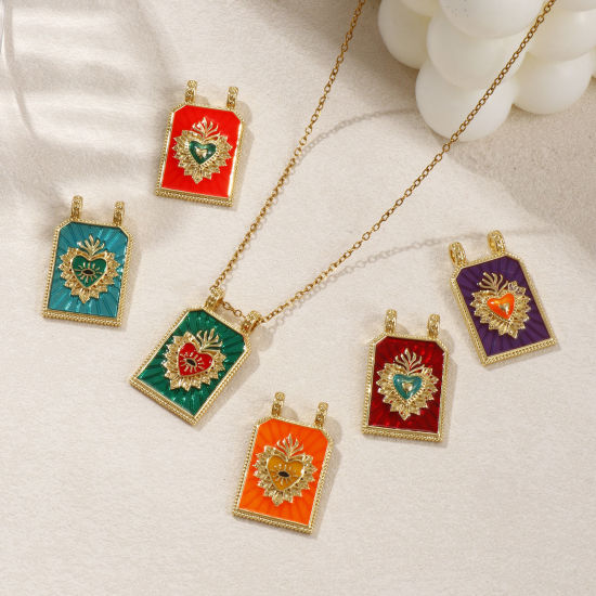 Immagine di 1 Piece Eco-friendly Brass Religious Charms 18K Real Gold Plated Enamel Hexagon Ex Voto Heart 29mm x 17.5mm
