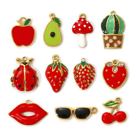 2 PCs Eco-friendly PVD Vacuum Plating 304 Stainless Steel Charms 18K Real Gold Plated Multicolor Enamel Fruit の画像