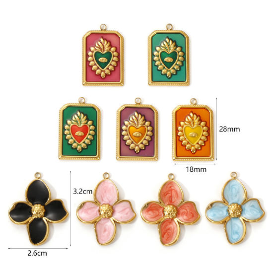 Imagen de 2 PCs Eco-friendly PVD Vacuum Plating 304 Stainless Steel Charms 18K Real Gold Plated Multicolor Enamel Flower Ex Voto Heart