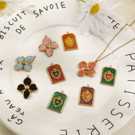 Imagen de 2 PCs Eco-friendly PVD Vacuum Plating 304 Stainless Steel Charms 18K Real Gold Plated Multicolor Enamel Flower Ex Voto Heart
