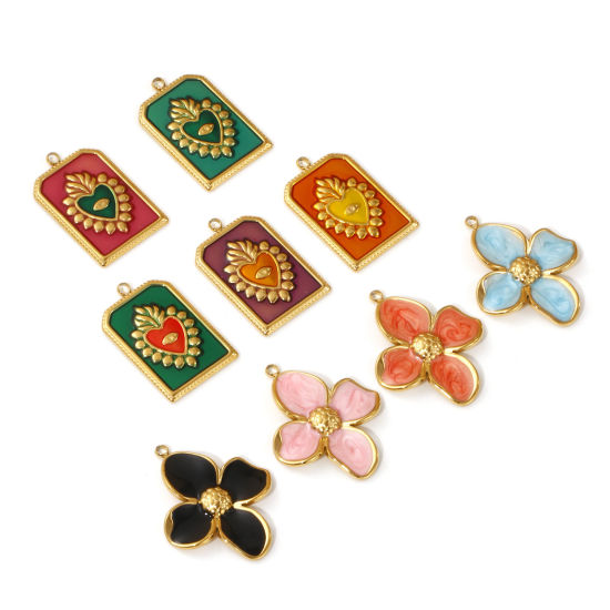 Imagen de 2 PCs Eco-friendly PVD Vacuum Plating 304 Stainless Steel Charms 18K Real Gold Plated Multicolor Enamel Flower Ex Voto Heart