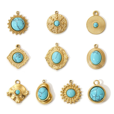 Eco-friendly PVD Vacuum Plating 304 Stainless Steel Boho Chic Bohemia Charms 18K Real Gold Plated Green Blue With Resin Cabochons Imitation Turquoise
