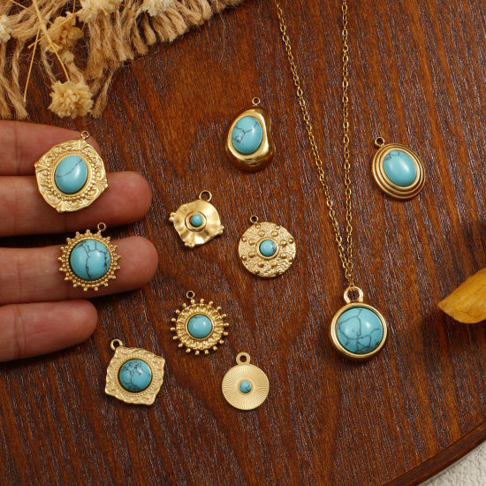 Immagine di 1 Pz Placcatura Sottovuoto PVD Ecologica 304 Acciaio Inossidabile Stile Bohemien Ciondoli 18K Vero Oro Placcato Verde Blu Con Resina Cabochon Imitazione Turchese