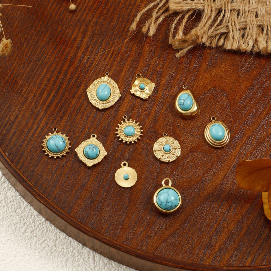 Immagine di 1 Pz Placcatura Sottovuoto PVD Ecologica 304 Acciaio Inossidabile Stile Bohemien Ciondoli 18K Vero Oro Placcato Verde Blu Con Resina Cabochon Imitazione Turchese
