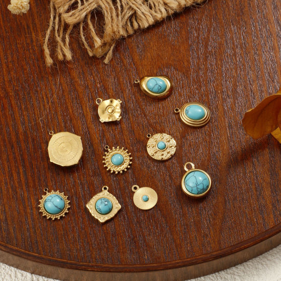 Immagine di 1 Pz Placcatura Sottovuoto PVD Ecologica 304 Acciaio Inossidabile Stile Bohemien Ciondoli 18K Vero Oro Placcato Verde Blu Con Resina Cabochon Imitazione Turchese