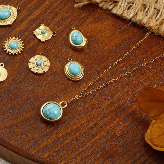 Immagine di 1 Pz Placcatura Sottovuoto PVD Ecologica 304 Acciaio Inossidabile Stile Bohemien Ciondoli 18K Vero Oro Placcato Verde Blu Con Resina Cabochon Imitazione Turchese