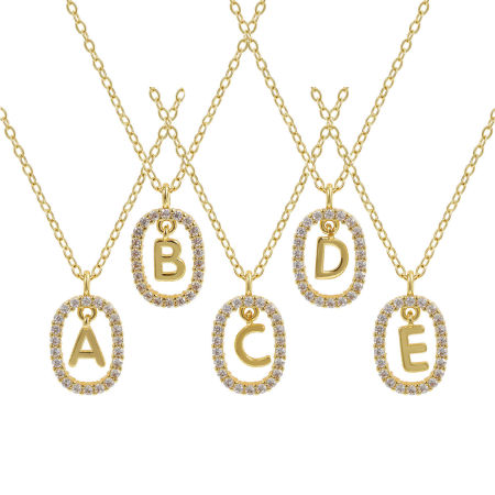 Picture of 18K Real Gold Plated Link Cable Chain Oval Pendant Charm Necklace, Brass 46cm(18.1") + 6cm(2.4"), For Women, Clear Cubic Zirconia Capital Alphabet Initial Letter Message " A-Z " Movable, Exquisite Elegant Gift, Eco-friendly