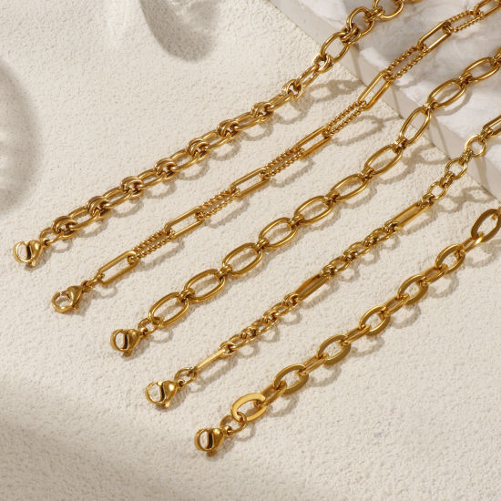 Image de 1 Pièce Colliers Ovale Plaqué Or Véritable 18K en 304 Acier Inoxydable Pour Femmes, Chaîne de Trombone 40cm + 5cm, Simple & Décontracté Cadeau, Revêtement sous Vide PVD Respectueux de l'Environnement