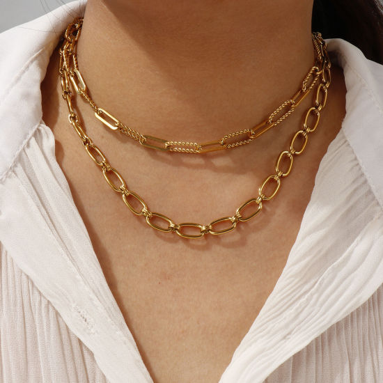 Image de 1 Pièce Colliers Ovale Plaqué Or Véritable 18K en 304 Acier Inoxydable Pour Femmes, Chaîne de Trombone 40cm + 5cm, Simple & Décontracté Cadeau, Revêtement sous Vide PVD Respectueux de l'Environnement