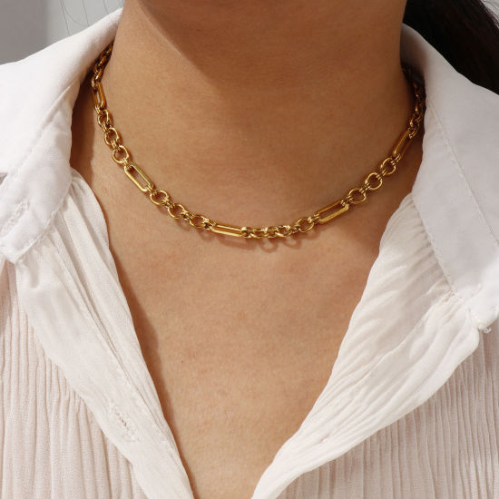 Image de 1 Pièce Colliers Ovale Plaqué Or Véritable 18K en 304 Acier Inoxydable Pour Femmes, Chaîne de Trombone 40cm + 5cm, Simple & Décontracté Cadeau, Revêtement sous Vide PVD Respectueux de l'Environnement