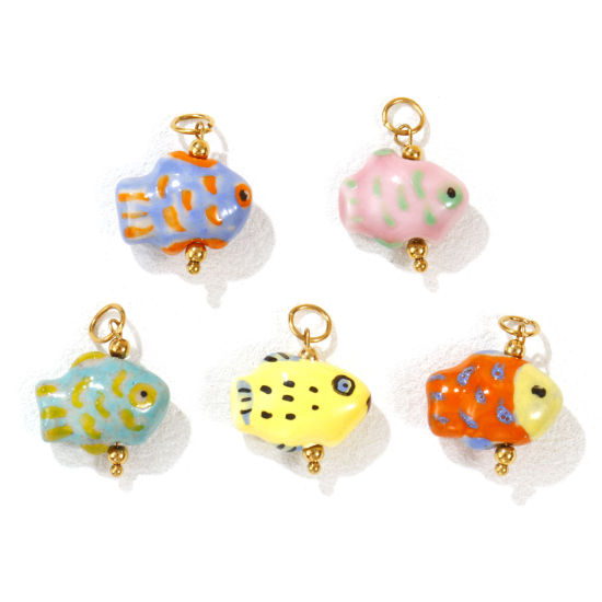Bild von Umweltfreundliche PVD-Vakuumbeschichtung 304 Edelstahl & Keramik Ozean Schmuck Charms 18K Vergoldet Fisch Gemalt 25mm x 18mm
