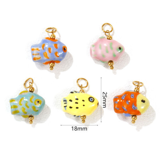 Bild von Umweltfreundliche PVD-Vakuumbeschichtung 304 Edelstahl & Keramik Ozean Schmuck Charms 18K Vergoldet Fisch Gemalt 25mm x 18mm