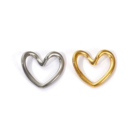 Picture of 5 PCs Eco-friendly PVD Vacuum Plating 304 Stainless Steel Valentine's Day Charms Multicolor Enamel Heart Hollow 17mm x 15mm