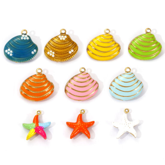 Bild von 1 Piece Eco-friendly PVD Vacuum Plating 304 Stainless Steel Charms 18K Real Gold Plated Enamel Shell Star Fish 3D