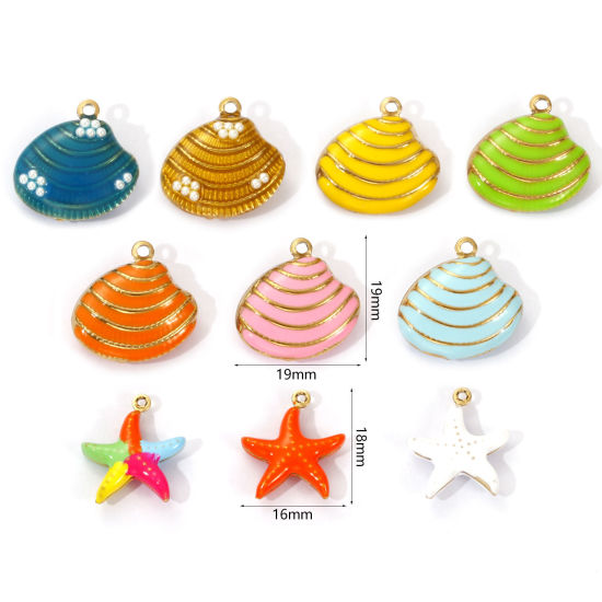 Bild von 1 Piece Eco-friendly PVD Vacuum Plating 304 Stainless Steel Charms 18K Real Gold Plated Enamel Shell Star Fish 3D