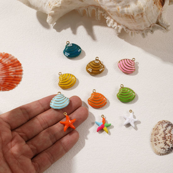 Bild von 1 Piece Eco-friendly PVD Vacuum Plating 304 Stainless Steel Charms 18K Real Gold Plated Enamel Shell Star Fish 3D