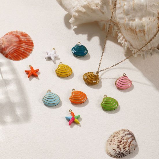 Bild von 1 Piece Eco-friendly PVD Vacuum Plating 304 Stainless Steel Charms 18K Real Gold Plated Enamel Shell Star Fish 3D