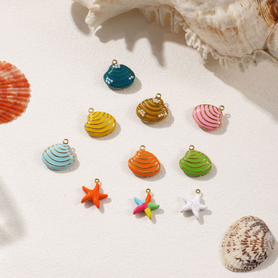 Bild von 1 Piece Eco-friendly PVD Vacuum Plating 304 Stainless Steel Charms 18K Real Gold Plated Enamel Shell Star Fish 3D