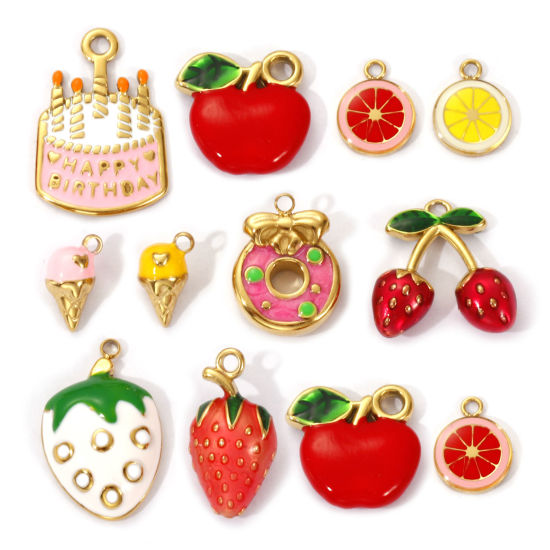 1 Piece Eco-friendly PVD Vacuum Plating 304 Stainless Steel Charms 18K Real Gold Plated Enamel Cake Fruit の画像