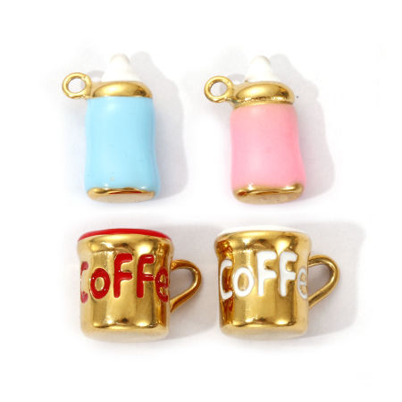 Eco-friendly PVD Vacuum Plating 304 Stainless Steel Charms 18K Real Gold Plated Enamel Milk Bottle Cup 3D