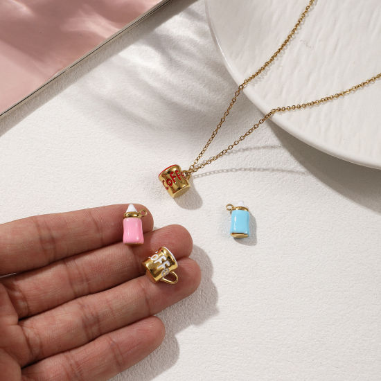 Picture of Eco-friendly PVD Vacuum Plating 304 Stainless Steel Charms 18K Real Gold Plated Enamel Milk Bottle Cup 3D