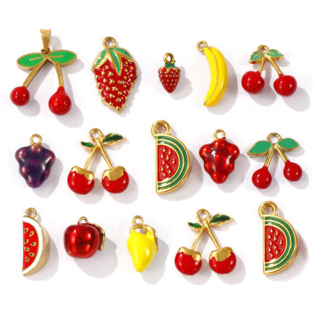 Image de 1 Pièce Breloques en 304 Acier Inoxydable Revêtement sous Vide PVD Respectueux de l'Environnement 3D Plaqué Or 18K Fruits Émail