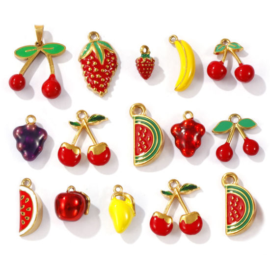 Immagine di 1 Pz Placcatura Sottovuoto PVD Ecologica 304 Acciaio Inossidabile 3D Ciondoli Placcato Oro 18K Frutta Smalto