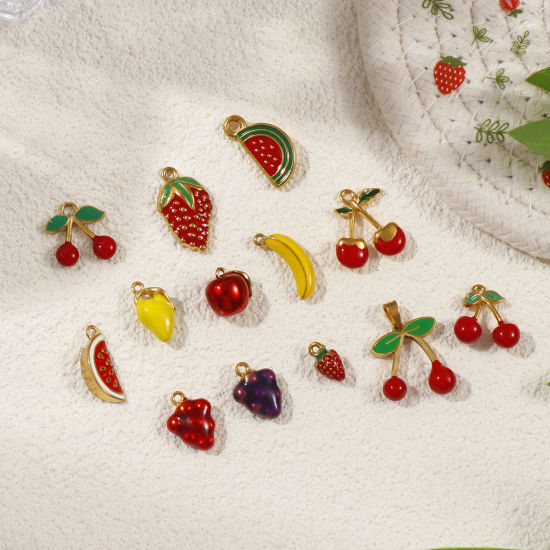 Immagine di 1 Pz Placcatura Sottovuoto PVD Ecologica 304 Acciaio Inossidabile 3D Ciondoli Placcato Oro 18K Frutta Smalto