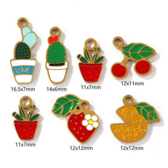 Immagine di 2 Pz Placcatura Sottovuoto PVD Ecologica 304 Acciaio Inossidabile Collezione Flora Ciondoli Placcato Oro 18K Pianta in Caso Smalto