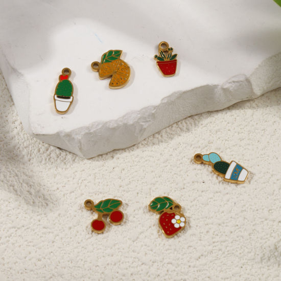 Immagine di 2 Pz Placcatura Sottovuoto PVD Ecologica 304 Acciaio Inossidabile Collezione Flora Ciondoli Placcato Oro 18K Pianta in Caso Smalto