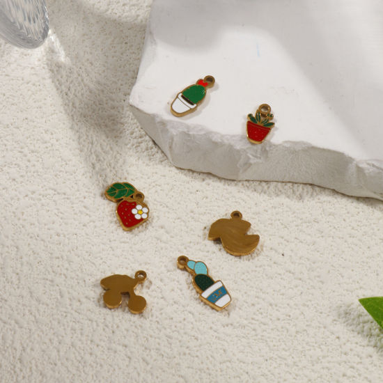 Immagine di 2 Pz Placcatura Sottovuoto PVD Ecologica 304 Acciaio Inossidabile Collezione Flora Ciondoli Placcato Oro 18K Pianta in Caso Smalto