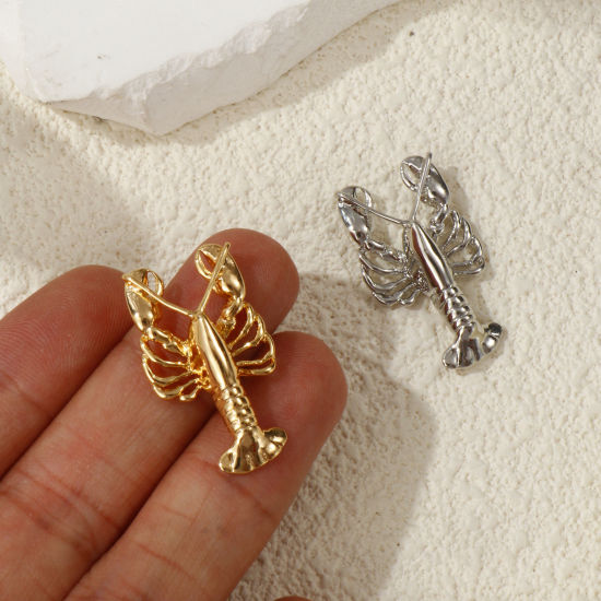 Immagine di 2 Pz Ecologico Ottone Gioielli Oceanici Pendenti Charms Connettori Vero Oro Placcato Aragosta 3D 28mm x 16mm