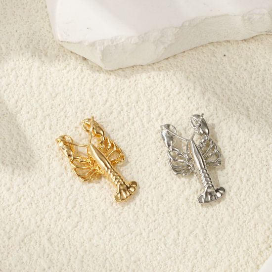 Immagine di 2 Pz Ecologico Ottone Gioielli Oceanici Pendenti Charms Connettori Vero Oro Placcato Aragosta 3D 28mm x 16mm