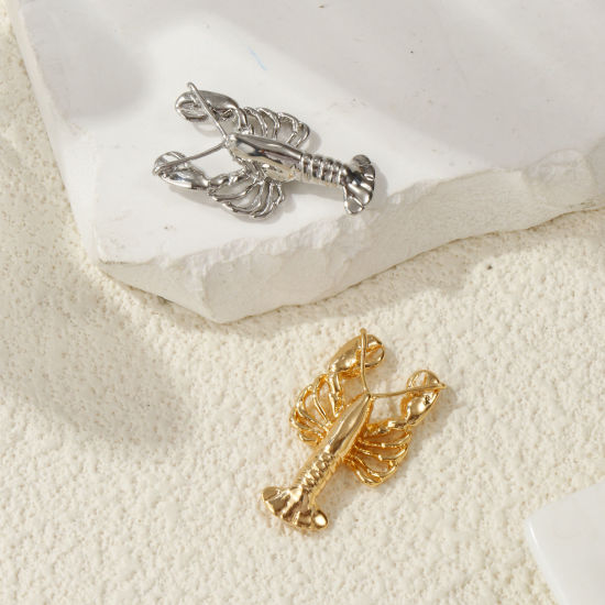 Immagine di 2 Pz Ecologico Ottone Gioielli Oceanici Pendenti Charms Connettori Vero Oro Placcato Aragosta 3D 28mm x 16mm