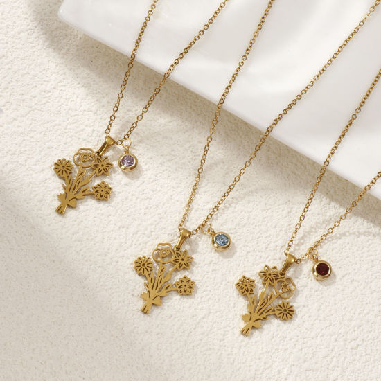 Immagine di 18K Vero Oro Placcato Catena a Cavo Fiore Collana con Ciondolo, 304 Acciaio Inossidabile 45cm + 5cm, Per Donne, Elegante Pietre Nascita Regalo, Placcatura Sottovuoto PVD Ecologica, 1 Pz