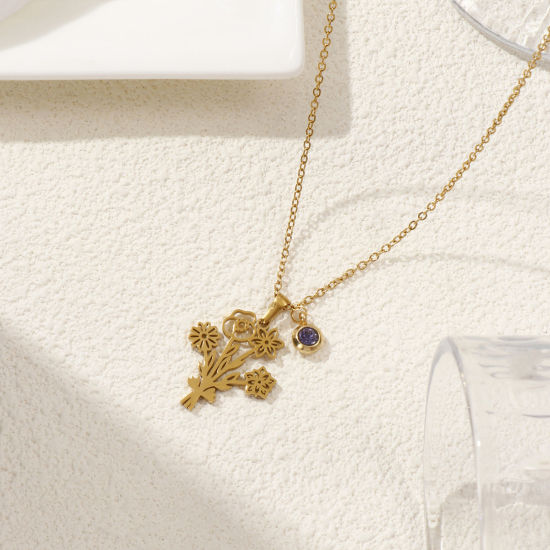 Immagine di 18K Vero Oro Placcato Catena a Cavo Fiore Collana con Ciondolo, 304 Acciaio Inossidabile 45cm + 5cm, Per Donne, Elegante Pietre Nascita Regalo, Placcatura Sottovuoto PVD Ecologica, 1 Pz