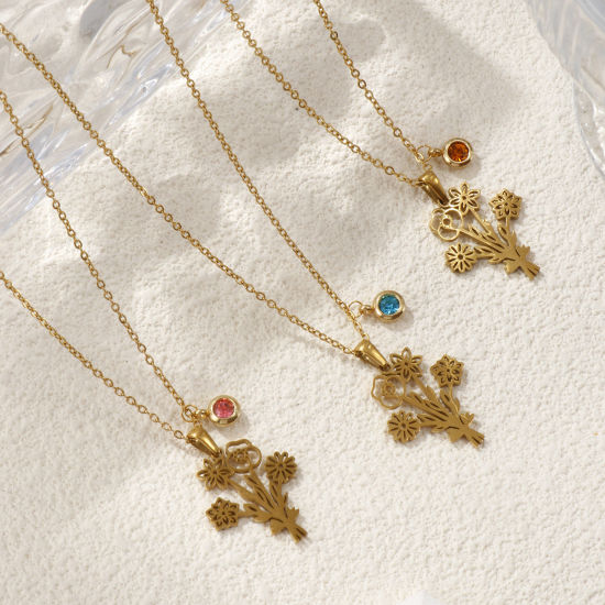 Immagine di 18K Vero Oro Placcato Catena a Cavo Fiore Collana con Ciondolo, 304 Acciaio Inossidabile 45cm + 5cm, Per Donne, Elegante Pietre Nascita Regalo, Placcatura Sottovuoto PVD Ecologica, 1 Pz