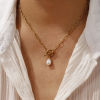 Imagen de 18K Real Gold Plated Paperclip Link Chain Pendant Charm Necklace, 304 Stainless Steel 45cm(17.7"), For Women, White Acrylic Imitation Pearl, Exquisite Gift, Eco-friendly PVD Vacuum Plating, 1 Piece