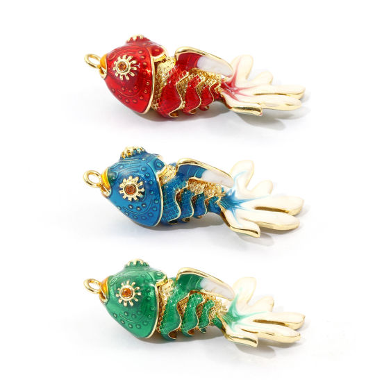 Immagine di 1 Piece Eco-friendly Brass Ocean Jewelry Pendants 18K Real Gold Plated Enamel Fish Animal Movable Orange Cubic Zirconia 3.6cm x 1.8cm
