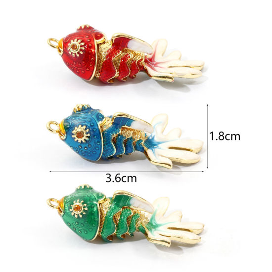 Immagine di 1 Piece Eco-friendly Brass Ocean Jewelry Pendants 18K Real Gold Plated Enamel Fish Animal Movable Orange Cubic Zirconia 3.6cm x 1.8cm