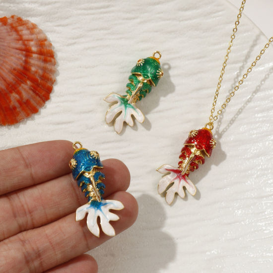 Immagine di 1 Piece Eco-friendly Brass Ocean Jewelry Pendants 18K Real Gold Plated Enamel Fish Animal Movable Orange Cubic Zirconia 3.6cm x 1.8cm