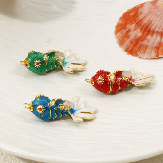 Immagine di 1 Piece Eco-friendly Brass Ocean Jewelry Pendants 18K Real Gold Plated Enamel Fish Animal Movable Orange Cubic Zirconia 3.6cm x 1.8cm