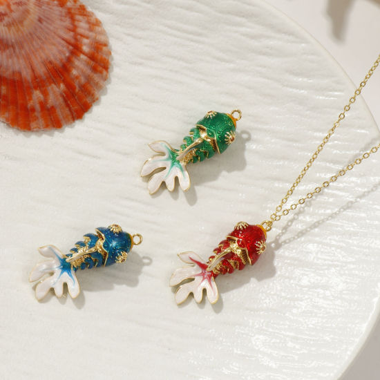 Immagine di 1 Piece Eco-friendly Brass Ocean Jewelry Pendants 18K Real Gold Plated Enamel Fish Animal Movable Orange Cubic Zirconia 3.6cm x 1.8cm